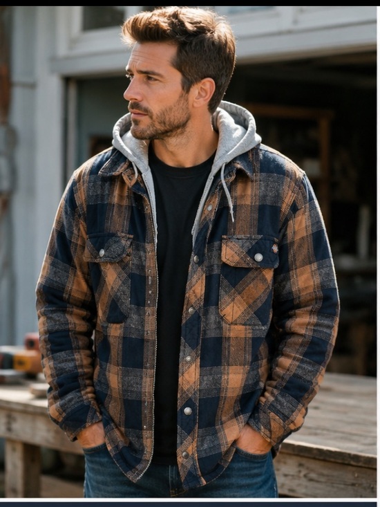 Dickies Other - Dickies Navy and Brown Plaid Hooded Shirt snap up Jacket. L